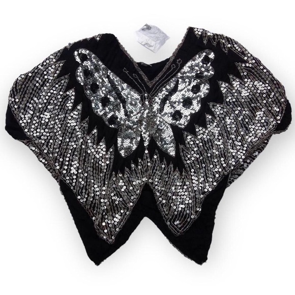 70’s Sequined Silk Butterfly Top - Picture 1 of 4